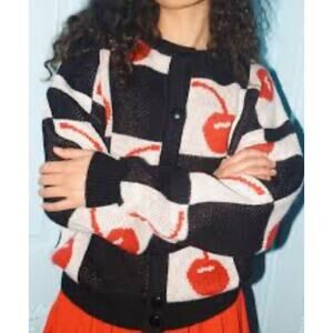 Lisa Says Gah black white checkerboard print cardigan red cherries Viral Sz M/L